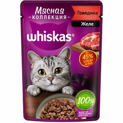 Whiskas Мясная коллекция полнорационный влажный корм для кошек, с говядиной, кусочки в желе, в паучах - 75 г