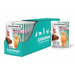 Зоогурман полнорационный влажный корм для кошек, защита иммунитета, с телятиной и языком, кусочки в соусе, в паучах - 85 г