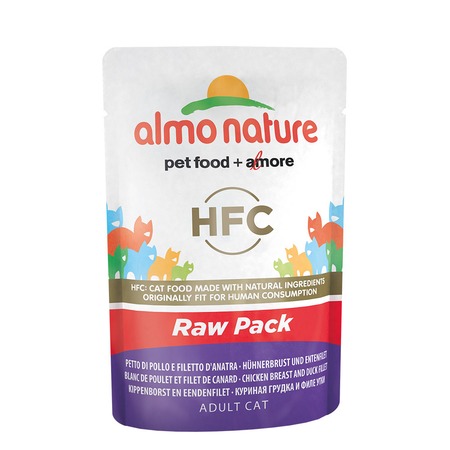 Almo Nature Classic Raw Pack Adult Cat Chicken Breast & Duck Fillet влажный корм для кошек, с куриной грудкой и утиным филе 75% мяса, кусочки в бульоне, в паучах - 55 г фото 1