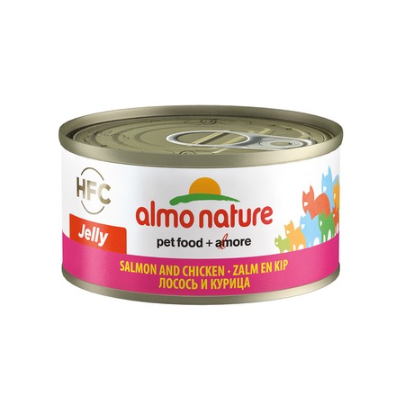 Almo Nature HFC Jelly Adult Cat Salmon&Chicken консервированный корм с цельными кусочками лосося и курицы в бульоне для взрослых кошек - 70 гр. х 24 шт. фото 1