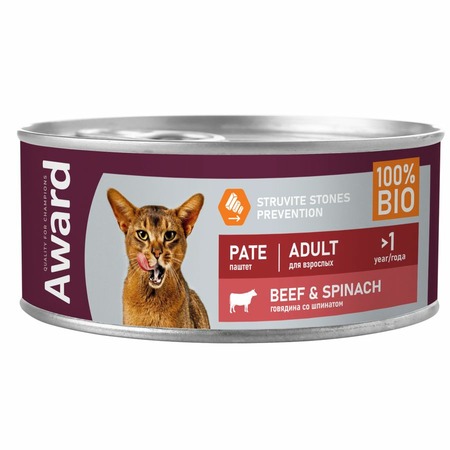 Award Pate Adult Beef & Spinach влажный корм для кошек, с говядиной и шпинатом, в консервах - 100 г фото 1