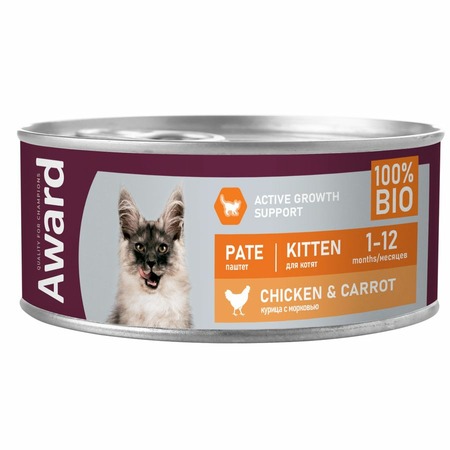 Award Pate Kitten Chicken & Carrot влажный корм для котят, с курицей и морковью, в консервах - 100 г фото 1
