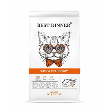 Best Dinner Adult Cat Skin & Coat полнорационный сухой корм для кошек, для ухода за кожей и шерстью, с уткой и клюквой - 400 г фото 1