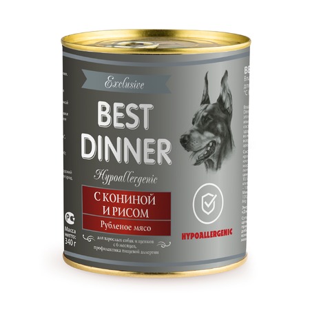 Best Dinner Exclusive Hypoallergenic влажный корм для собак и щенков при пищевой аллергии, гипоаллергенный, с кониной и рисом, фарш, в консервах - 340 г фото 1