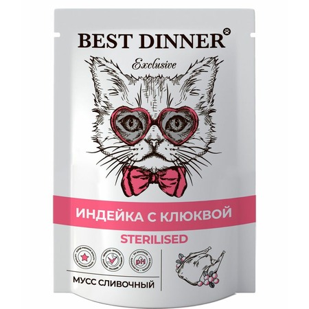 Best Dinner Exclusive Sterilised влажный корм для стерилизованных кошек, сливочный мусс c индейкой и клюквой, в паучах - 85 г фото 1
