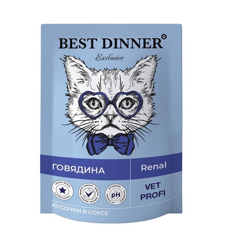 Best Dinner Exclusive Vet Profi Renal полнорационный влажный корм для кошек, для профилактики заболеваний почек, с говядиной, кусочки в соусе, в паучах - 85 г фото 1