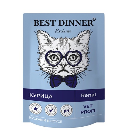 Best Dinner Exclusive Vet Profi Renal полнорационный влажный корм для кошек, для профилактики заболеваний почек, с курицей, кусочки в соусе, в паучах - 85 г фото 1