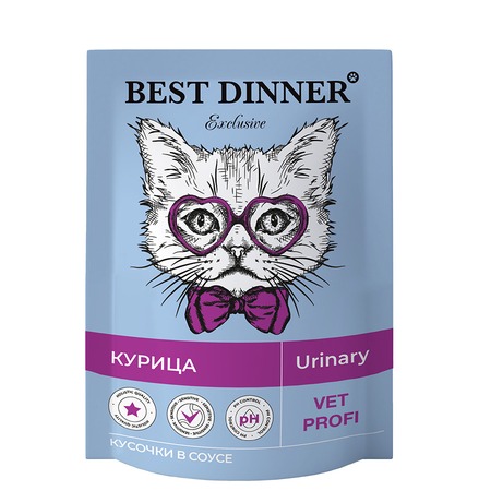 Best Dinner Exclusive Vet Profi Urinary полнорационный влажный корм для кошек, для профилактики мочекаменной болезни (МКБ), с курицей, кусочки в соусе, в паучах - 85 г фото 1