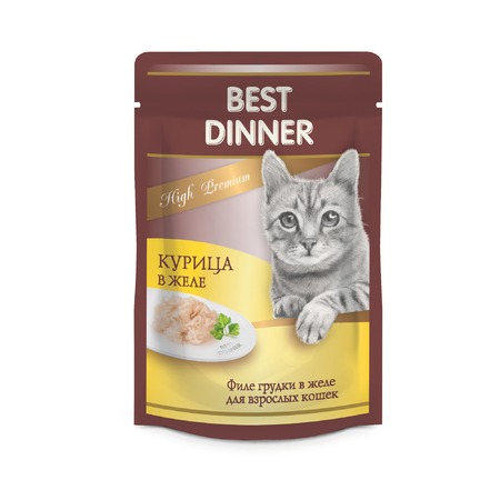Best Dinner High Premium влажный корм для кошек, с курицей, волокна в желе, в паучах - 85 г фото 1