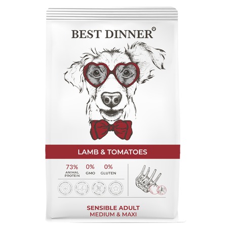 Best Dinner Medium & Maxi полнорационный сухой корм для собак средних и крупных пород, склонных к аллергии и проблемам с пищеварением, с ягненком и томатом - 3 кг фото 1