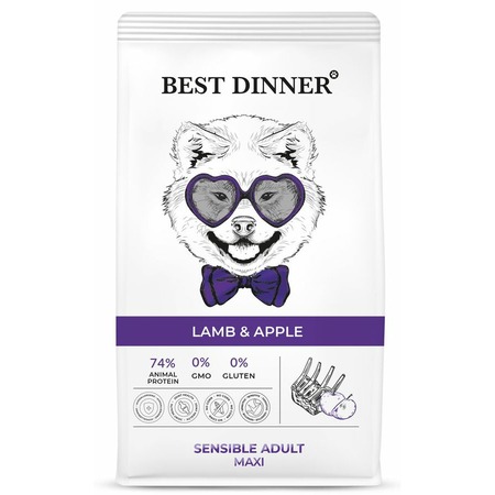 Best Dinner Sensible Adult Maxi полнорационный сухой корм для собак крупных пород, склонных к аллергии и проблемам с пищеварением, ягненок с яблоком фото 1