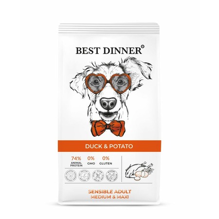 Best Dinner Sensible Adult Medium & Maxi полнорационный сухой корм для собак средних и крупных пород, склонных к аллергии и проблемам с пищеварением, с уткой и картофелем - 12 кг фото 1