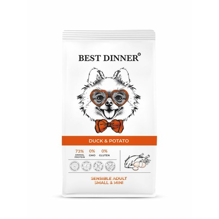 Best Dinner Adult Sensible Mini Duck & Potato сухой корм для собак мелких пород склонных к аллергии и проблемам с пищеварением с уткой и картофелем - 10 кг фото 1