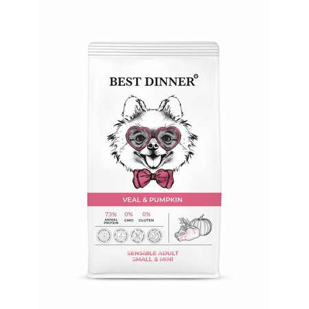 Best Dinner Sensible Adult Small & Mini полнорационный сухой корм для собак мелких пород, склонных к аллергии и проблемам с пищеварением, с телятиной и тыквой фото 1