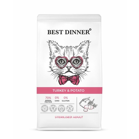 Best Dinner Sterilised Adult полнорационный сухой корм для стерилизованных кошек, склонных к аллергии и проблемам с пищеварением, с индейкой и картофелем фото 1