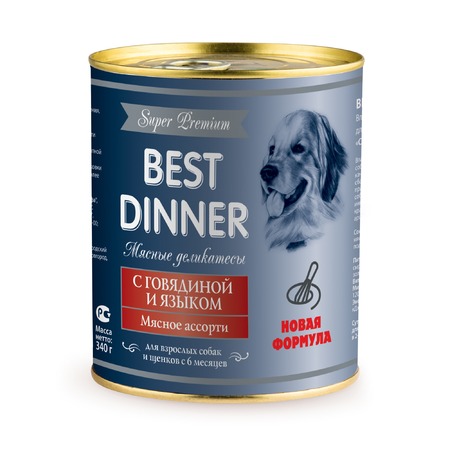 Best Dinner Super Premium Мясные деликатесы влажный корм для собак и щенков, с говядиной и языком, фарш, в консервах - 340 г фото 1