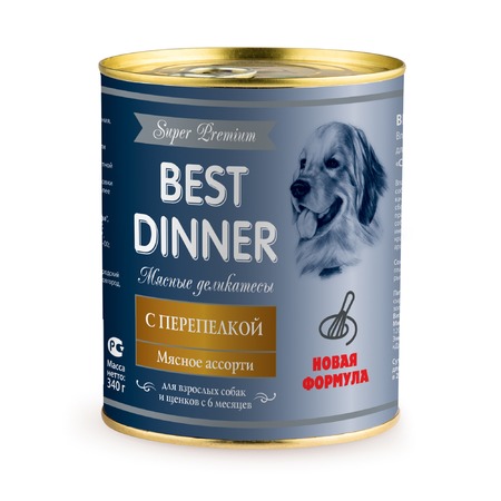 Best Dinner Super Premium Мясные деликатесы влажный корм для собак и щенков, с перепелкой, фарш, в консервах - 340 г фото 1