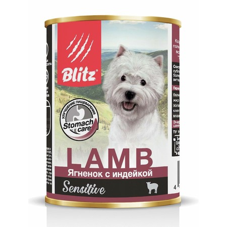 Blitz Sensitive Adult Dog полнорационный влажный корм для собак, паштет с ягненком и индейкой, в консервах - 400 г фото 1