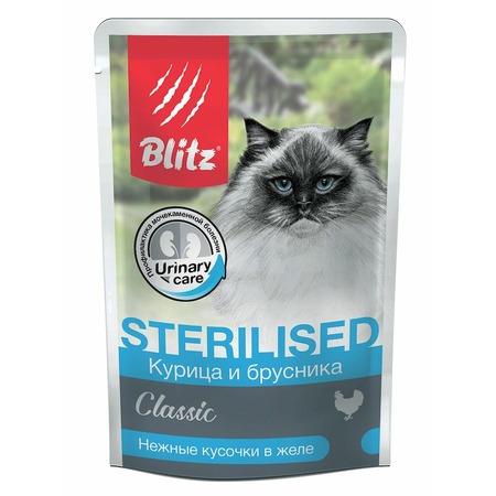 Blitz Classic Sterilised Cat Adult полнорационный влажный корм для стерилизованных кошек, с курицей и брусникой, кусочки в желе, в паучах - 85 г фото 1