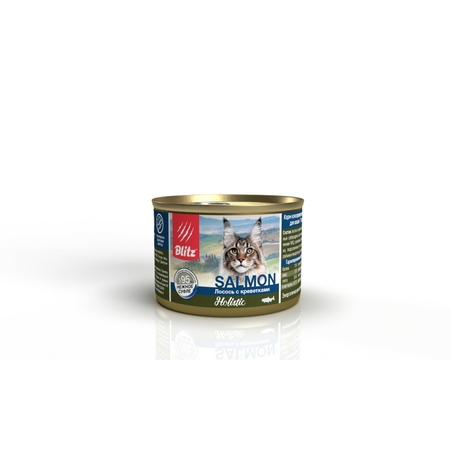 Blitz Holistic Salmon полнорационный влажный корм для кошек, суфле с лососем и креветками, в консервах - 200 г фото 1