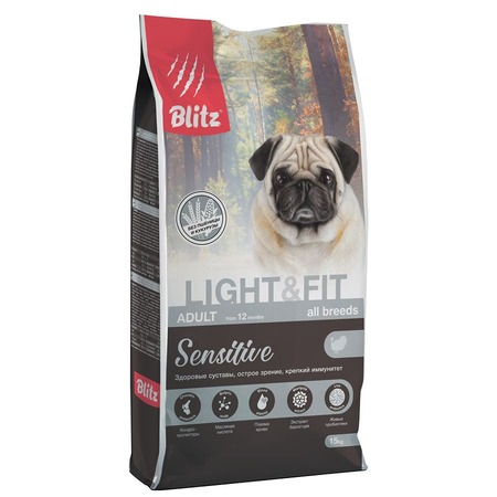 Blitz Sensitive Adult Light & Fit диетический сухой корм для собак, при избыточном весе, с индейкой - 15 кг фото 1