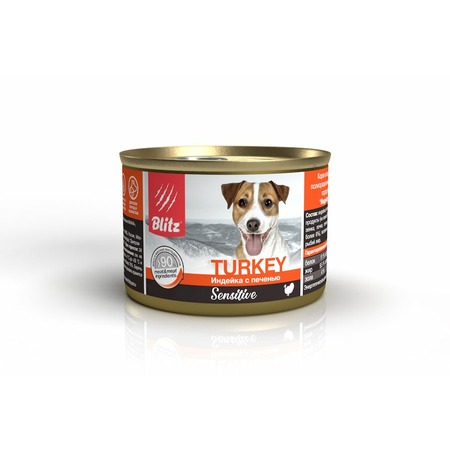 Blitz Sensitive консервы для собак всех пород с чувствительным пищеварением, с индейкой и печенью - 200 г х 24 шт фото 1