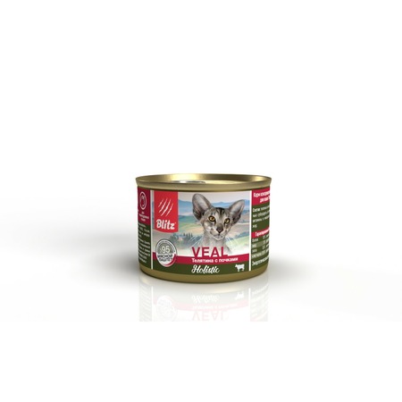 Blitz Holistic Veal полнорационный влажный корм для кошек, паштет с телятиной, в консервах - 200 г фото 1