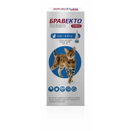 Бравекто Плюс противопаразитарный препарат для кошек средних пород весом от 2,8 до 6,25 кг - 250 мг фото 1