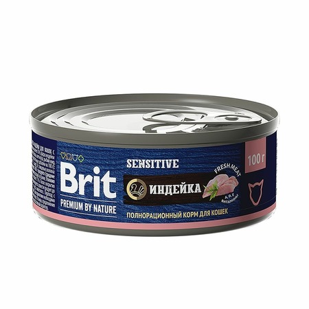 Brit Premium by Nature Sensitive полнорационный влажный корм для кошек с чувствительным пищеварением, фарш из индейки, в консервах - 100 г фото 1