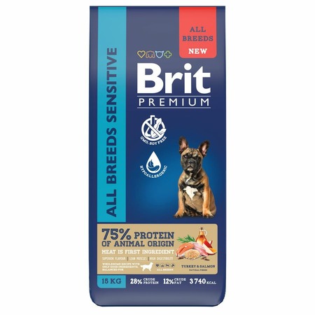 Brit Premium Dog Adult Sensitive сухой корм для взрослых собак всех пород с чувствительным пищеварением, с индейкой и лососем - 15 кг фото 1