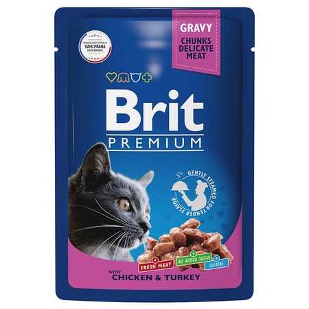Brit Premium полнорационный влажный корм для кошек, с цыпленком и индейкой, кусочки в соусе, в паучах - 85 г фото 1