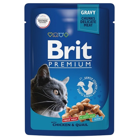 Brit Premium полнорационный влажный корм для кошек, с цыпленком и перепелкой, кусочки в соусе, в паучах - 85 г фото 1