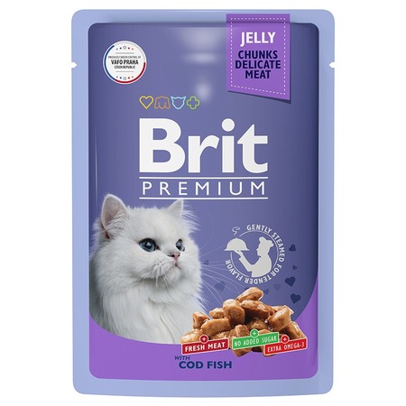 Brit Premium полнорационный влажный корм для кошек, с треской, кусочки в желе, в паучах - 85 г фото 1