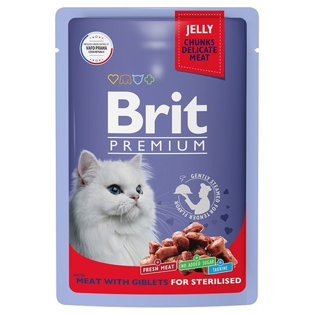 Brit Premium полнорационный влажный корм для стерилизованных кошек, мясное ассорти с потрошками, кусочки в желе, в паучах - 85 г фото 1