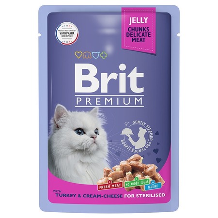 Brit Premium полнорационный влажный корм для стерилизованных кошек, с индейкой и сыром, кусочки в желе, в паучах - 85 г фото 1