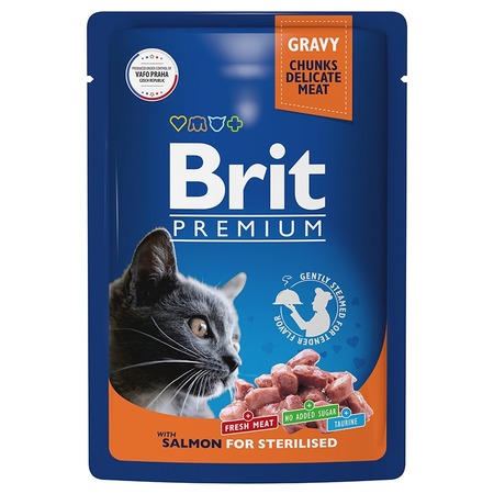 Brit Premium полнорационный влажный корм для стерилизованных кошек, с лососем, кусочки в соусе, в паучах - 85 г фото 1