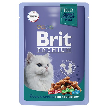 Brit Premium полнорационный влажный корм для стерилизованных кошек, с уткой и яблоками, кусочки в желе, в паучах - 85 г фото 1