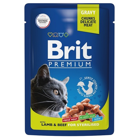 Brit Premium полнорационный влажный корм для стерилизованных кошек, с ягненком и говядиной, кусочки в соусе, в паучах - 85 г фото 1