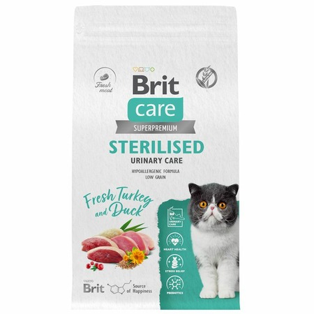 Brit Care Cat Sterilised Urinary Care сухой корм для стерилизованных кошек для профилактики МКБ, с индейкой и уткой - 1,5 кг фото 1