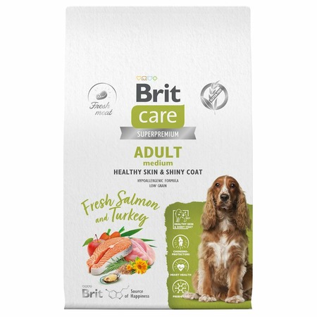 Brit Care Dog Adult M Healthy Skin&Shiny Coat сухой корм для взрослых собак средних пород для кожи и шерсти, с лососем и индейкой - 12 кг фото 1