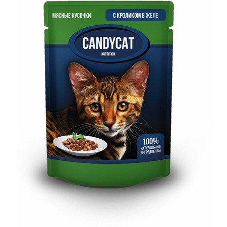 Candycat полнорационный влажный корм для кошек, с кроликом, кусочки в желе, в паучах - 85 г фото 1