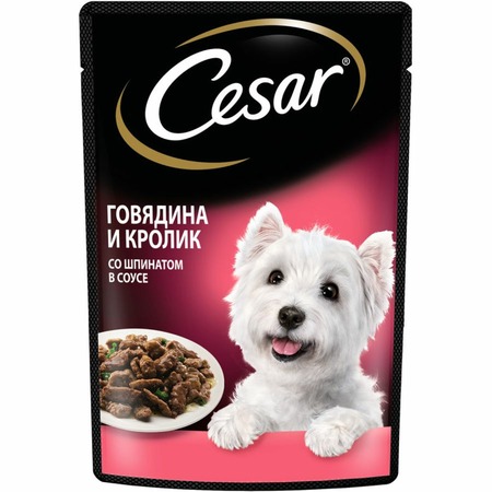 Cesar полнорационный влажный корм для собак, с говядиной, кроликом и шпинатом, кусочки в соусе, в паучах - 85 г фото 1