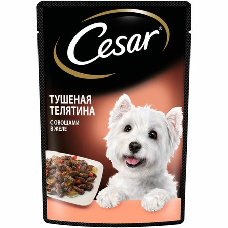 Cesar полнорационный влажный корм для собак, с тушеной телятиной с овощами, кусочки в желе, в паучах - 85 г фото 1