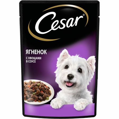 Cesar полнорационный влажный корм для собак, с ягненком и овощами, кусочки в соусе, в паучах - 85 г фото 1