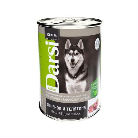 Darsi Active полнорационный влажный корм для активных и рабочих собак, паштет с ягненком и телятиной, в консервах - 410 г фото 1