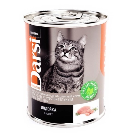 Darsi Sensitive полнорационный влажный корм для кошек, с чувствительным пищеварением, паштет с индейкой, в консервах - 340 г фото 1