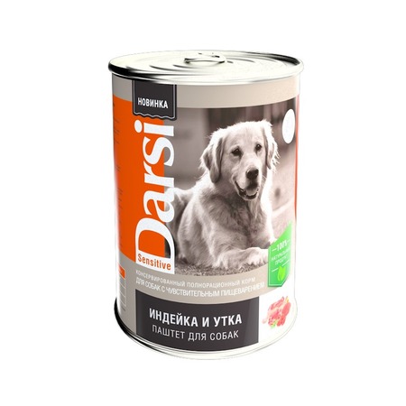 Darsi Sensitive полнорационный влажный корм для собак с чувствительным пищеварением, паштет с индейкой и уткой, в консервах - 410 г фото 1