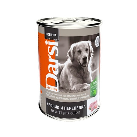Darsi Sensitive полнорационный влажный корм для собак с чувствительным пищеварением, паштет с кроликом и перепелкой, в консервах - 410 г фото 1
