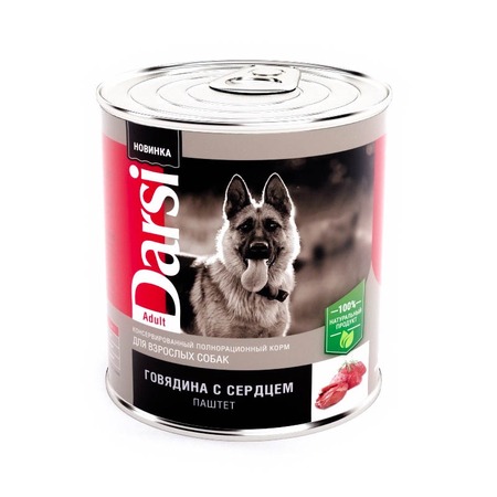 Darsi Adult полнорационный влажный корм для собак, паштет с говядиной и сердцем, в консервах - 850 г фото 1