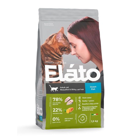 Elato Holistic сухой корм для взрослых кошек для красивой и блестящей шерсти, с рыбой - 1,5 кг фото 1